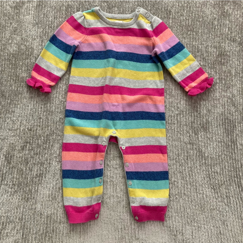 Baby Gap Rainbow Stripe Knit Romper 18-24M Cotton Girls Ruffle Sleeves